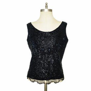 Vtg 60s Black Wool Sequined Hand Beaded Top M